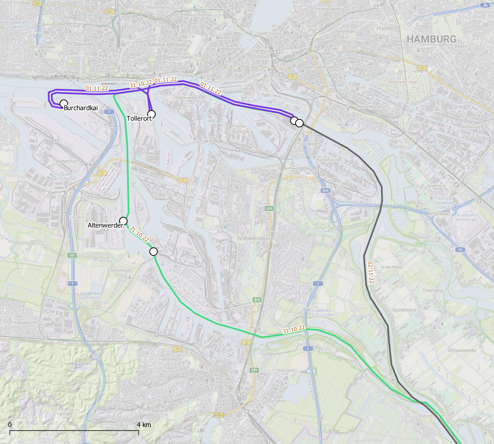 Detailkarte der Fahrten in Hamburg mit den Liegeplätzen an den Containerterminals Altenwerder, Tollerort und Burchardkai sowie den Liegeplätzen von Wartezeiten und Übernachtungen.