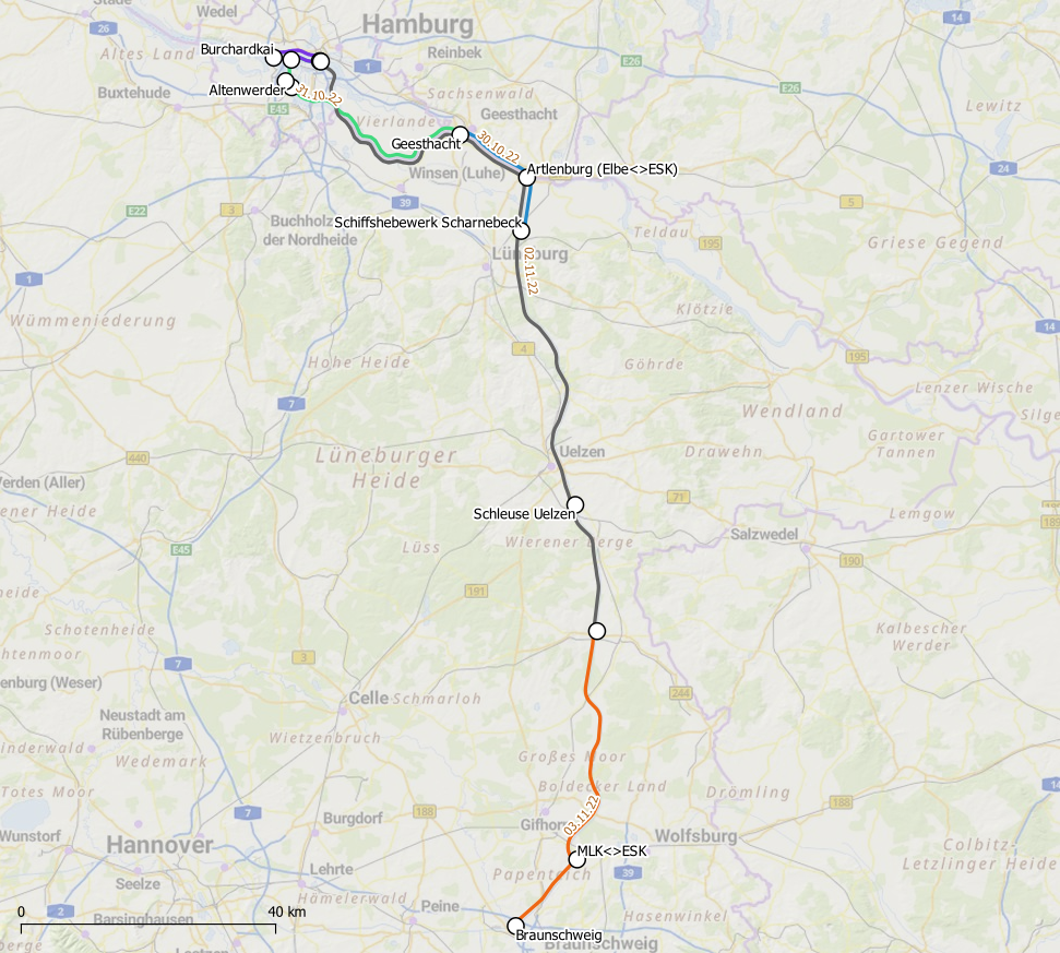 Karte mit dem Verlauf der Fahrt zwischen Hamburg nach Braunschweig, aufgeteilt in Tagesstrecken.